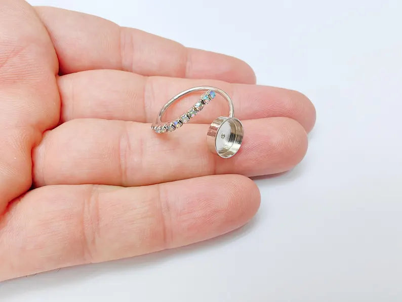 Rainbow Crystal Accent Adjustable Ring Bezel, 10mm Bezel Cup, Shiny Silver Brass, G37473