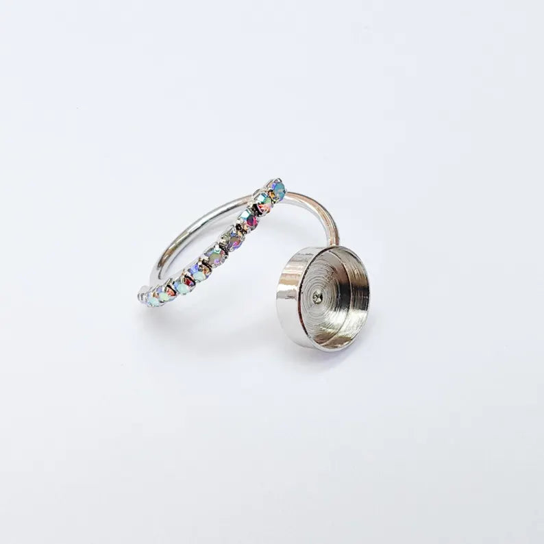 Rainbow Crystal Accent Adjustable Ring Bezel, 10mm Bezel Cup, Shiny Silver Brass, G37473