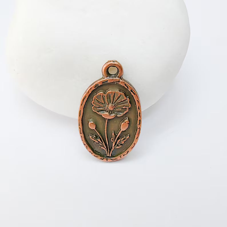2 Poppy Flower Charm, Oval Pendant, Antique Copper Plated, 23x13mm, Double Sided Jewelry Making Supplies, Zamac G37475