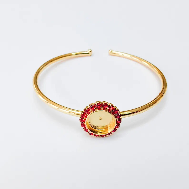 Red Crystal Accent Bracelet Bezel, Adjustable Cuff Bangle, 10mm Round Setting, 24k Shiny Gold Brass, G37477