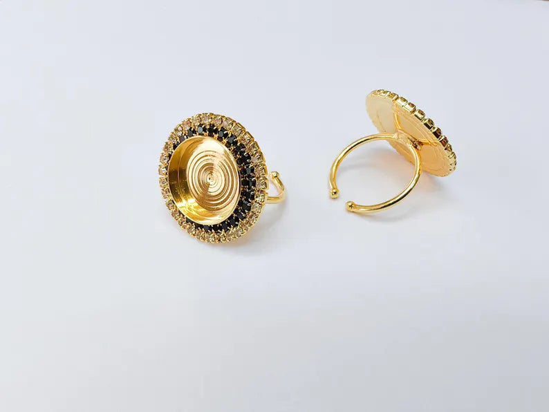 Black Crystal Ring Bezel, Adjustable Ring Base, 16mm Round Bezel Setting, 24K Shiny Gold, G37478