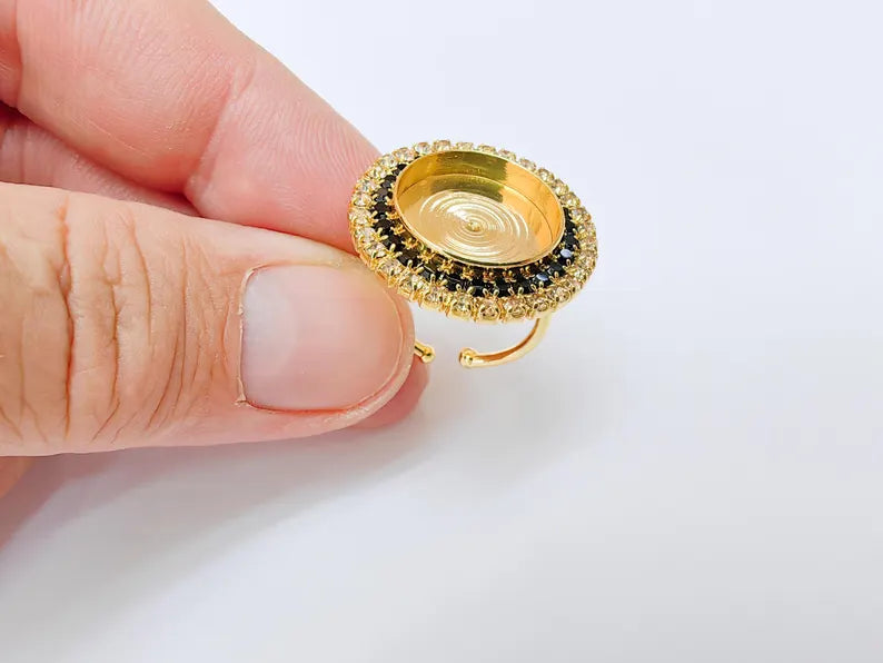 Black Crystal Ring Bezel, Adjustable Ring Base, 16mm Round Bezel Setting, 24K Shiny Gold, G37478