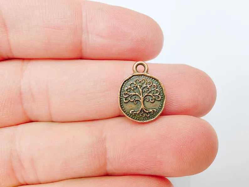 4 Tree of Life Charm Pendant, Round Double Sided Jewelry Making Supply, Antique Copper Plated Zamac, 16x13mm, G37480