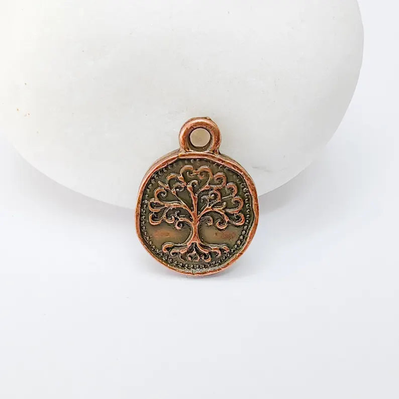 4 Tree of Life Charm Pendant, Round Double Sided Jewelry Making Supply, Antique Copper Plated Zamac, 16x13mm, G37480