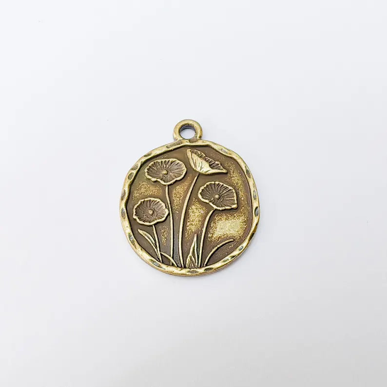 Poppy Flower Charm, Round Floral Pendant, Antique Bronze Plated, Jewelry Making Supplies 28x23mm G37481