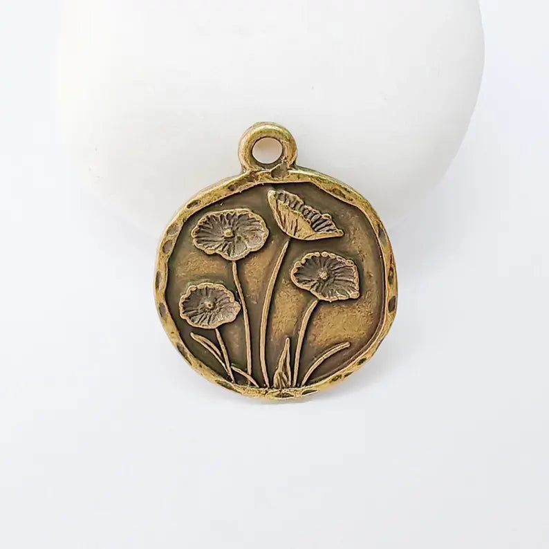 Poppy Flower Charm, Round Floral Pendant, Antique Bronze Plated, Jewelry Making Supplies 28x23mm G37481
