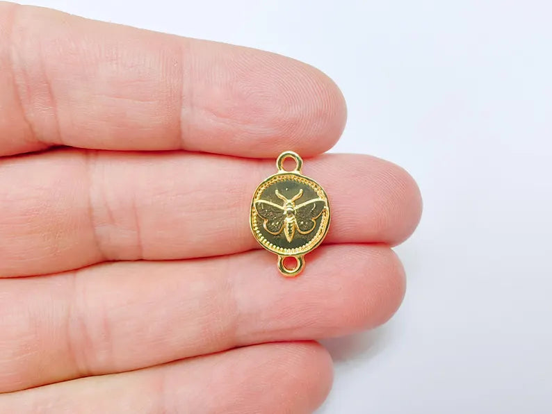 2 Moth Connector Charm, Double Sided Link for Bracelets and Necklaces 24k Shiny Gold 16x13mm G37525
