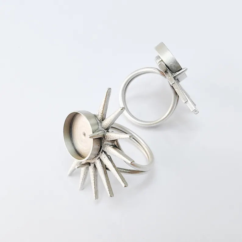 Sunburst Adjustable Ring Base with 14mm Bezel, Radiant Brass Ring Setting for Cabochon Jewelry G37528