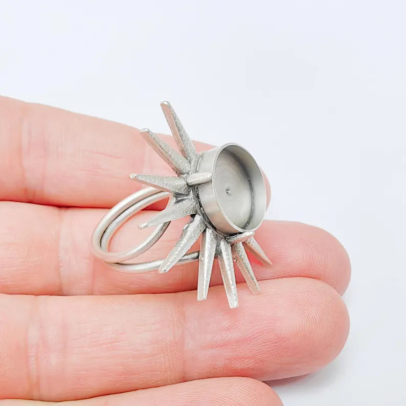 Sunburst Adjustable Ring Base with 14mm Bezel, Radiant Brass Ring Setting for Cabochon Jewelry G37528