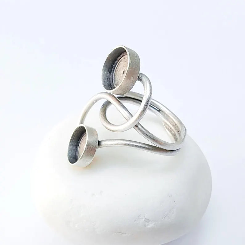 Adjustable Ring Base with Two 8mm Bezels, Double Bezel Brass Ring Setting for Cabochon Jewelry G37529