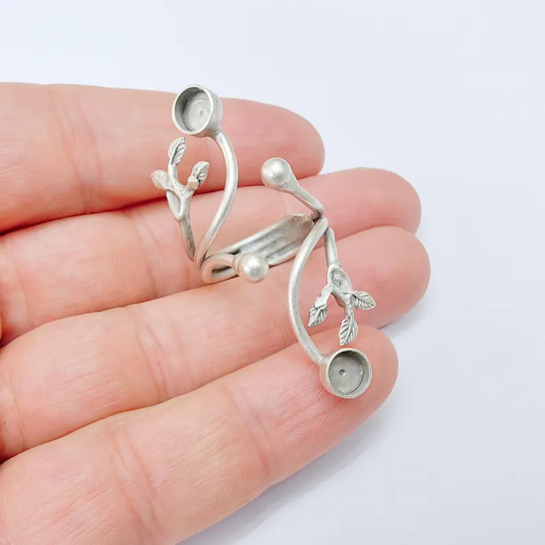 Adjustable Leaf Branch Ring Base with Two 6mm Bezels, Brass Double Bezel Ring for Cabochon Jewelry G37531