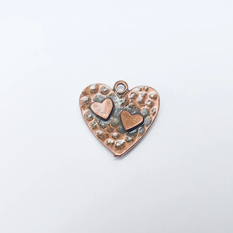 Hammered Heart Charm, Double Heart Pendant, Boho Jewelry Making Supplies, Antique Copper Plated, 23mm G37484