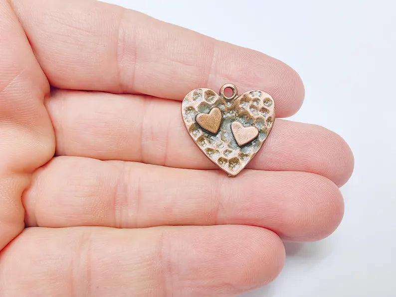Hammered Heart Charm, Double Heart Pendant, Boho Jewelry Making Supplies, Antique Copper Plated, 23mm G37484