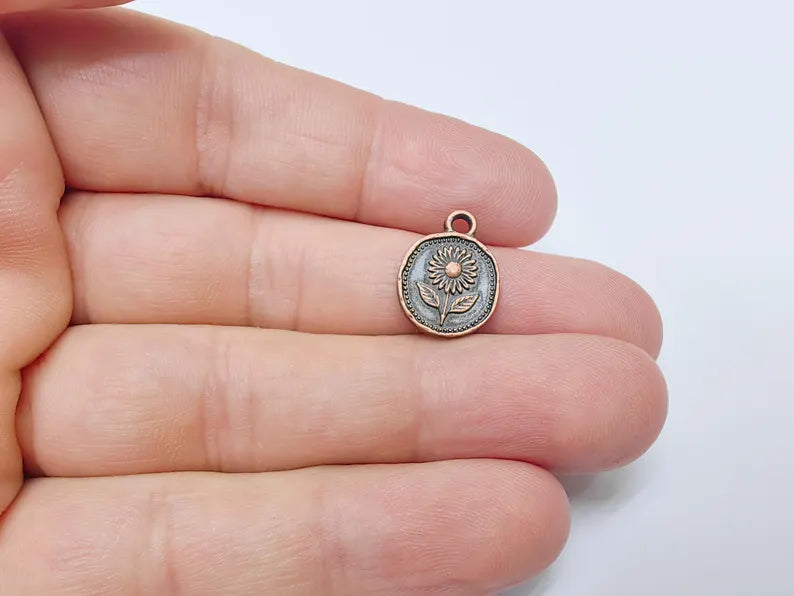 4 Sunflower Charm Pendant, Double Sided Flower Jewelry Making Supplies, Antique Copper Plated, 16x12mm G37485