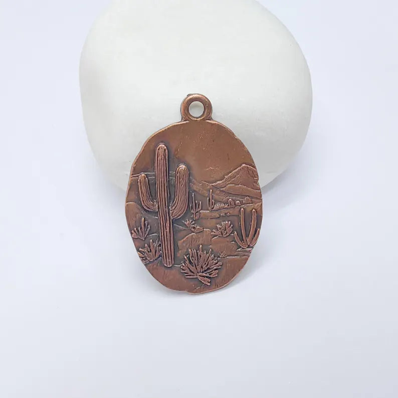 Desert Landscape Pendant, Boho Western Cactus Charm, Southwestern Jewelry, Mountain Nature Earring, Antique Copper Plated 36x24mm G37486