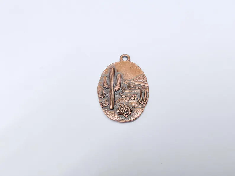Desert Landscape Pendant, Boho Western Cactus Charm, Southwestern Jewelry, Mountain Nature Earring, Antique Copper Plated 36x24mm G37486