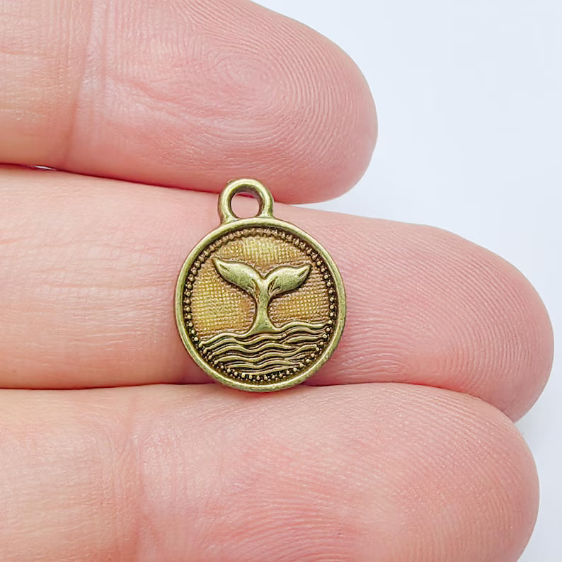 4 Whale Tail Charm, Double Sided Pendant, Nautical Jewelry Making Supplies, Antique Bronze Plated, 16x13mm G37488