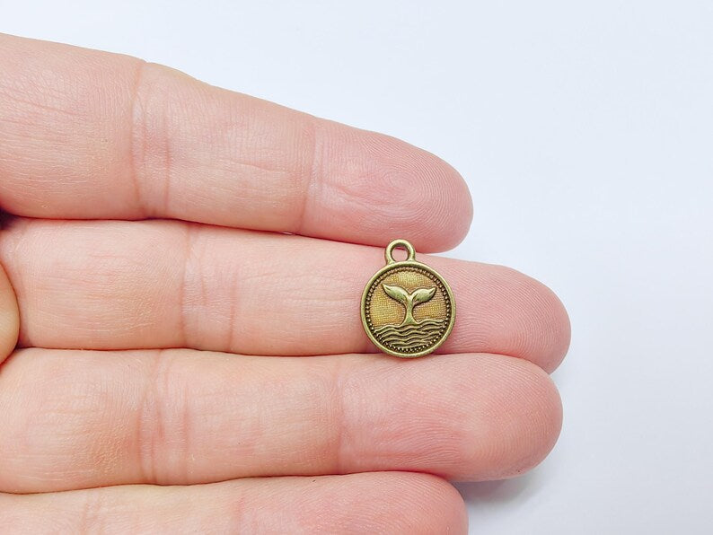 4 Whale Tail Charm, Double Sided Pendant, Nautical Jewelry Making Supplies, Antique Bronze Plated, 16x13mm G37488