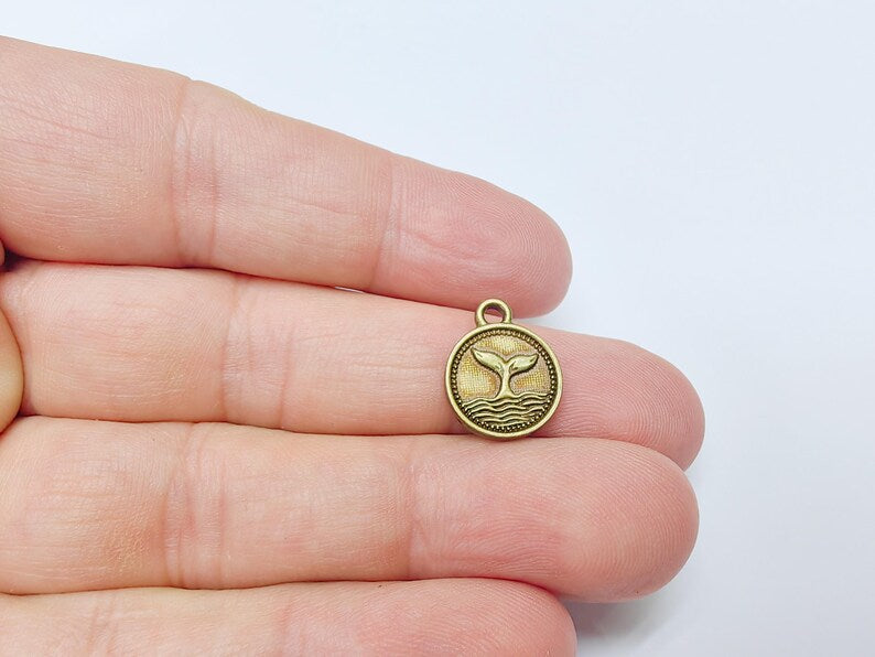 4 Whale Tail Charm, Double Sided Pendant, Nautical Jewelry Making Supplies, Antique Bronze Plated, 16x13mm G37488