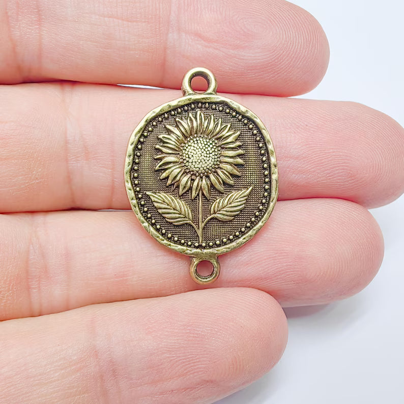 Sunflower Connector Charm, Floral Pendant, Boho Jewelry Making Supplies, Antique Bronze Plated, 31x22mm G37489