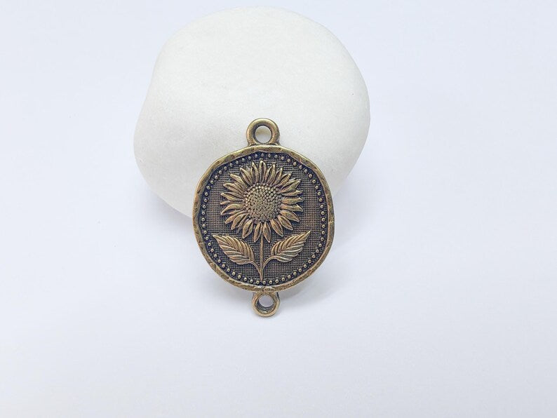Sunflower Connector Charm, Floral Pendant, Boho Jewelry Making Supplies, Antique Bronze Plated, 31x22mm G37489