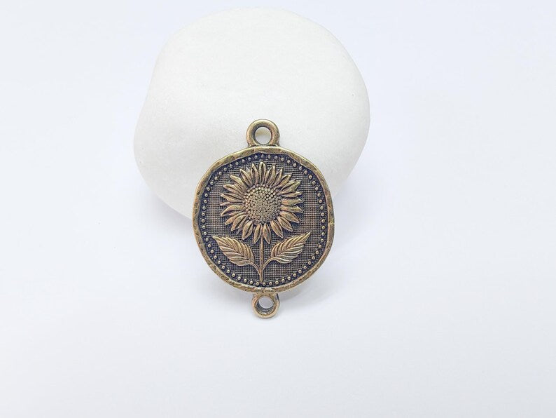Sunflower Connector Charm, Floral Pendant, Boho Jewelry Making Supplies, Antique Bronze Plated, 31x22mm G37489