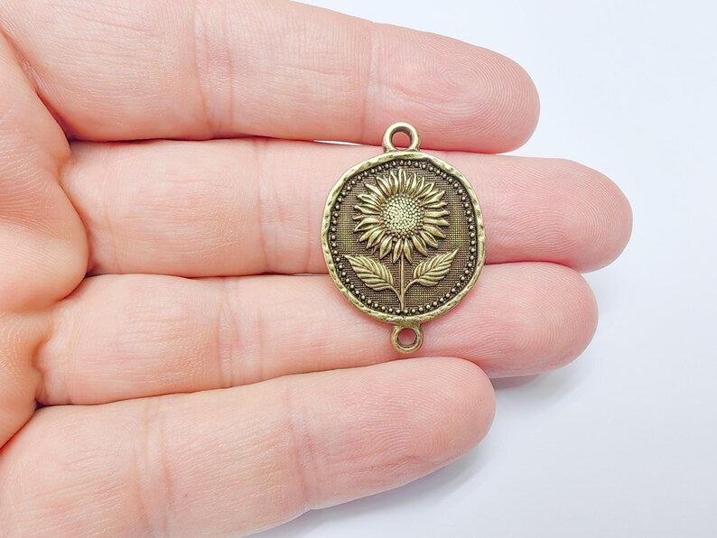 Sunflower Connector Charm, Floral Pendant, Boho Jewelry Making Supplies, Antique Bronze Plated, 31x22mm G37489