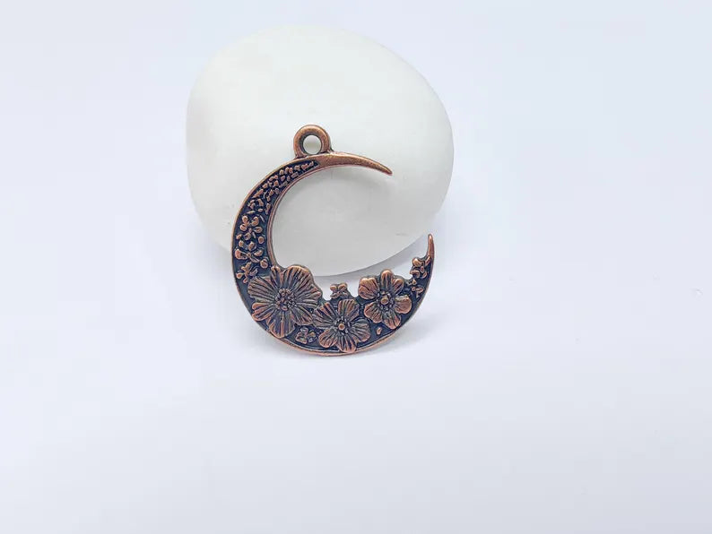 Crescent Moon Charm, Flower Celestial Pendant, Antique Copper Plated, Jewelry Making Supplies 33x28mm G37491