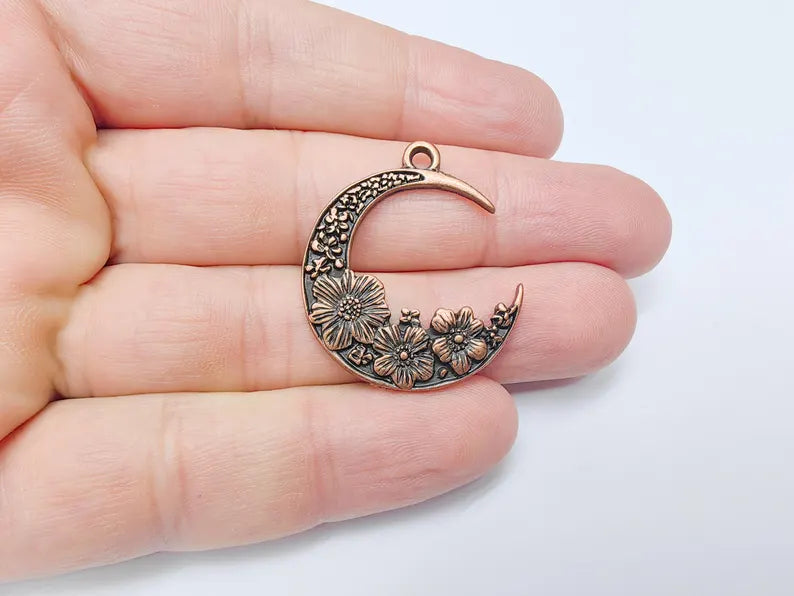 Crescent Moon Charm, Flower Celestial Pendant, Antique Copper Plated, Jewelry Making Supplies 33x28mm G37491