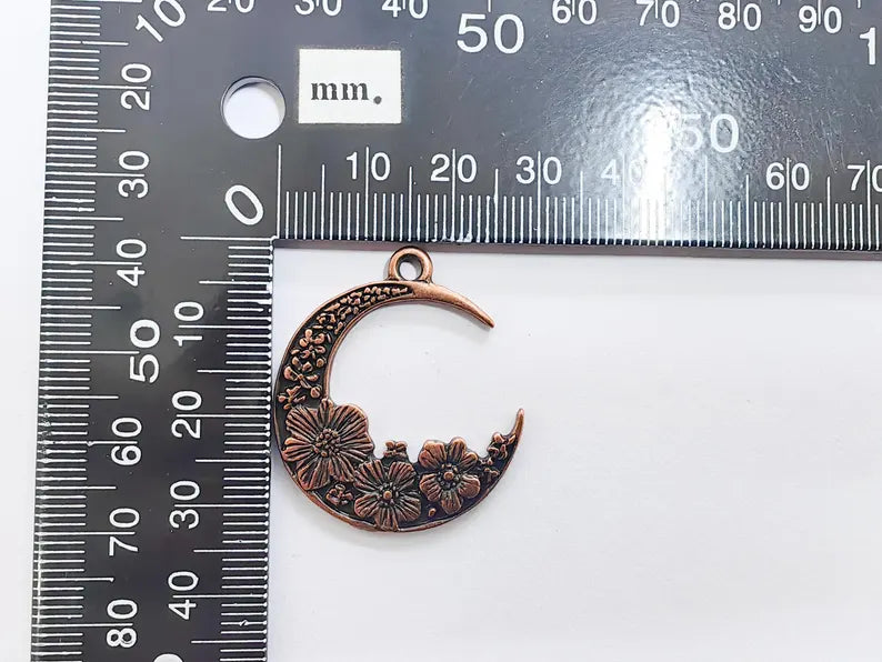 Crescent Moon Charm, Flower Celestial Pendant, Antique Copper Plated, Jewelry Making Supplies 33x28mm G37491