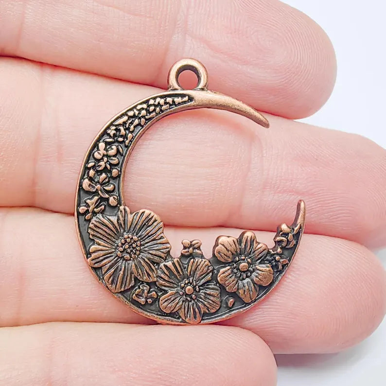 Crescent Moon Charm, Flower Celestial Pendant, Antique Copper Plated, Jewelry Making Supplies 33x28mm G37491