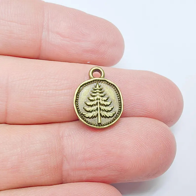 4 Pine Tree Charm, Double Sided Botanical, Organic Shape Plant Charm, Nature Earring, Floral Tag, Antique Bronze Plated 16x12mm G37492