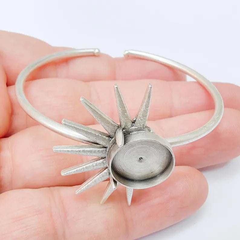 Adjustable Sun Cuff Bracelet Base with 14mm Bezel, Brass Jewelry Blank Antique Silver Plated G37536