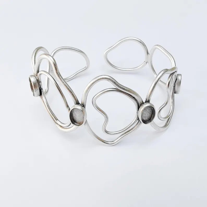 Adjustable Open Cuff Bracelet Base with 8x6mm Oval Bezels, Brass Jewelry Blank Antique Silver Plated G37538