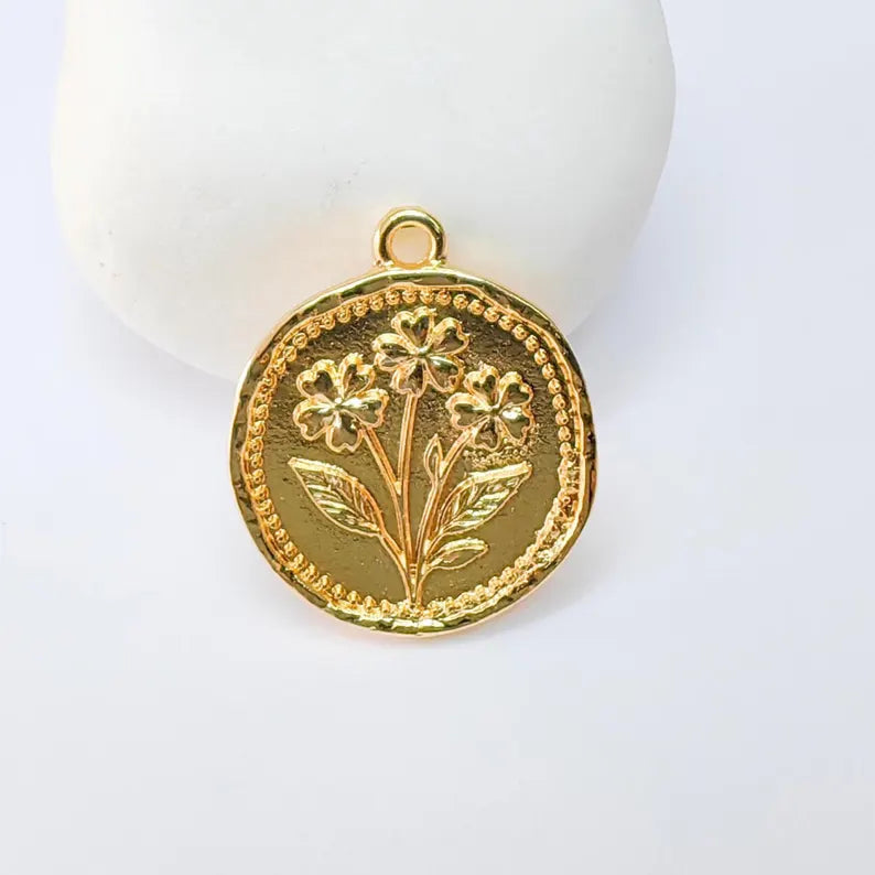 Floral Pendant with Engraved Flower Design, Round Charm 28x24mm, 24k Shiny Gold Plated Zamak G37540