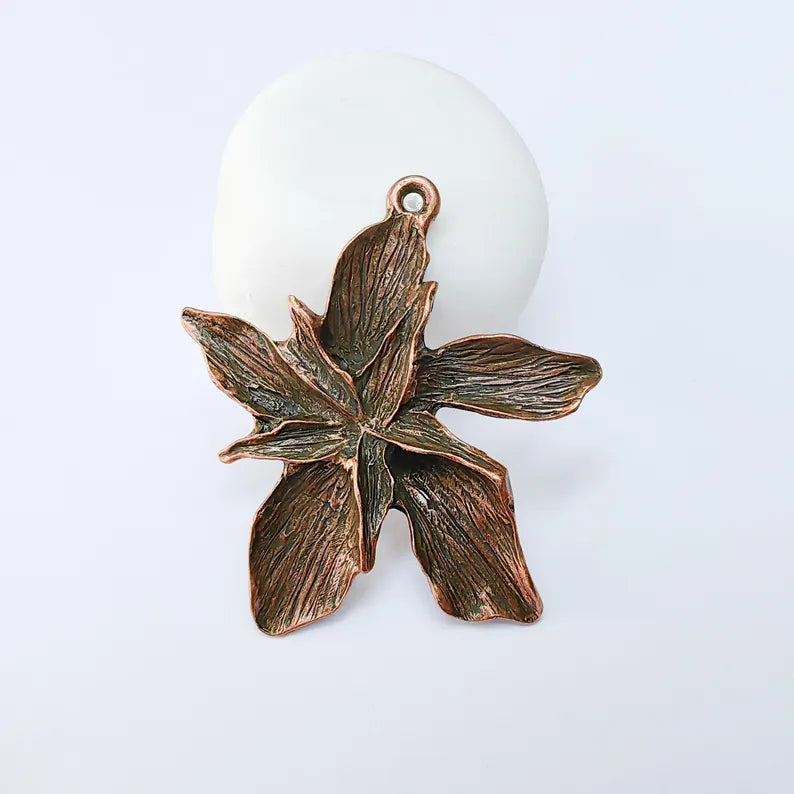 Antique Copper Flower Pendant, Earring Charms, Unique Artisan Jewelry, Nature Inspired Floral Design, Lotus Pendant 51x49mm G37542