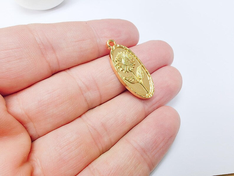 Sunflower Pendant Charm, 24k Shiny Gold Plated Zamac, Nickel Free Lead Free, 30x13mm Jewelry Making Supplies, G37494