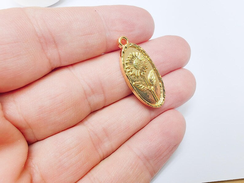 Sunflower Pendant Charm, 24k Shiny Gold Plated Zamac, Nickel Free Lead Free, 30x13mm Jewelry Making Supplies, G37494
