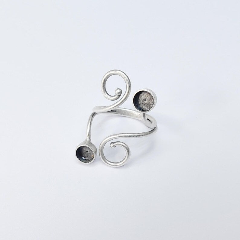 Adjustable Swirl Ring Base with 6mm Round Bezels, Antique Silver Plated Brass, Nickel Free Lead Free, Jewelry Making Supplies, G37495