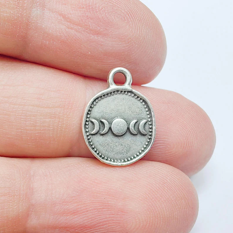 4 Moon Phases Pendant Charm, 16x13mm Double Sided Antique Silver Plated Zamac, Nickel Free Lead Free, Jewelry Making Supplies, G37496