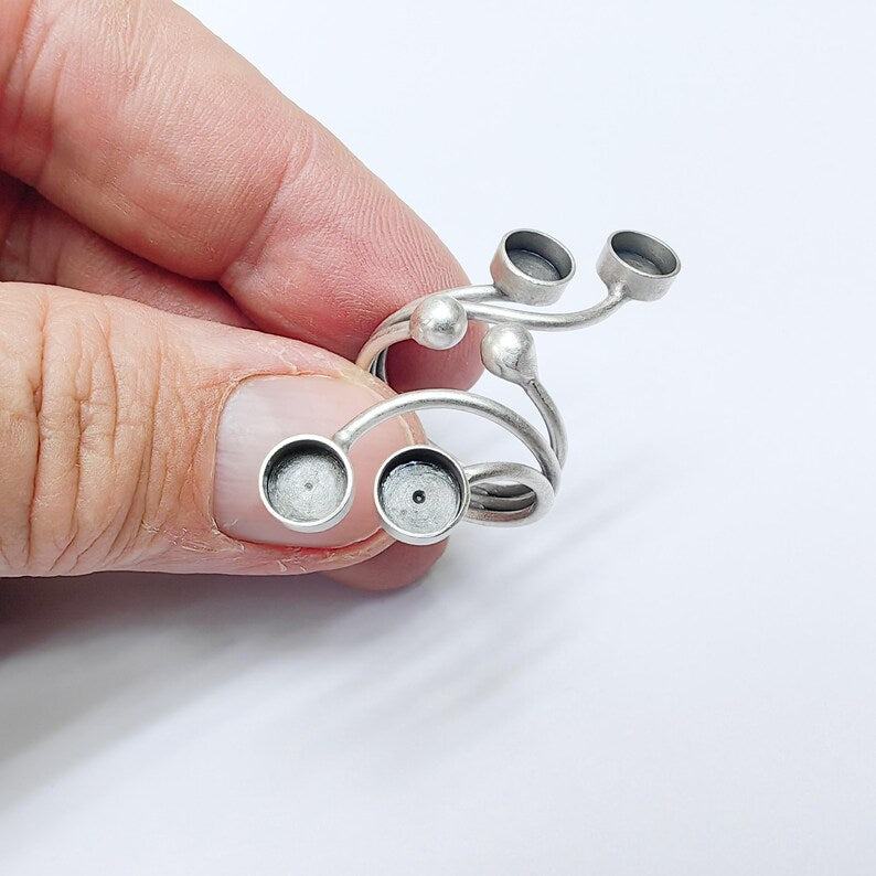 Adjustable Multi-Bezel Ring Base with 6mm Settings, Antique Silver Plated Brass, Nickel Free Lead Free, Jewelry Making Supplies, G37497