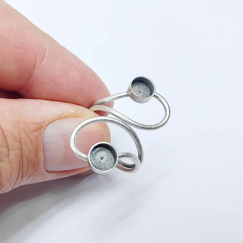 Adjustable Swirl Ring Base with 6mm Round Bezels, Antique Silver Plated Brass, Nickel Free Lead Free, Jewelry Making Supplies, G37499