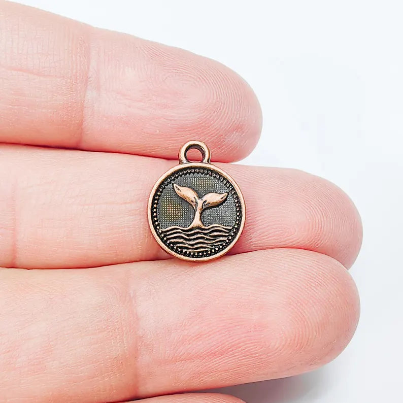 Whale Tail Charm, Double Sided Pendant, Nautical Jewelry Making Supplies, Antique Copper Plated, 16x13mm G37500