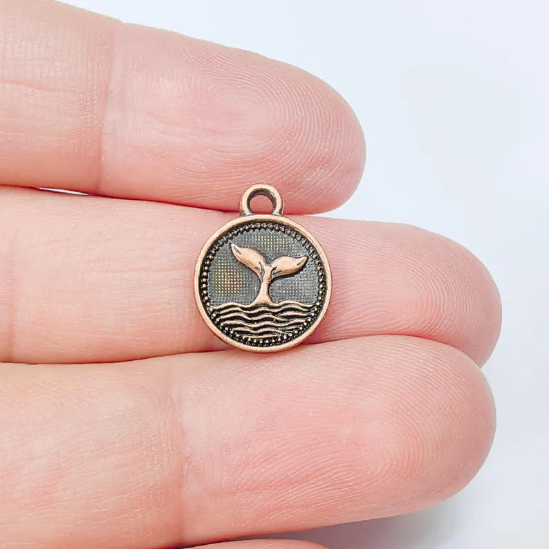 Whale Tail Charm, Double Sided Pendant, Nautical Jewelry Making Supplies, Antique Copper Plated, 16x13mm G37500