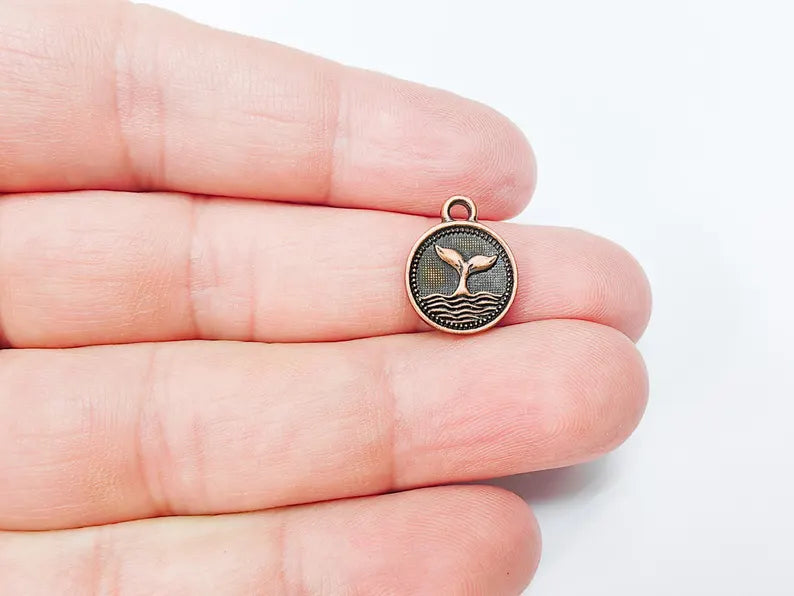 Whale Tail Charm, Double Sided Pendant, Nautical Jewelry Making Supplies, Antique Copper Plated, 16x13mm G37500