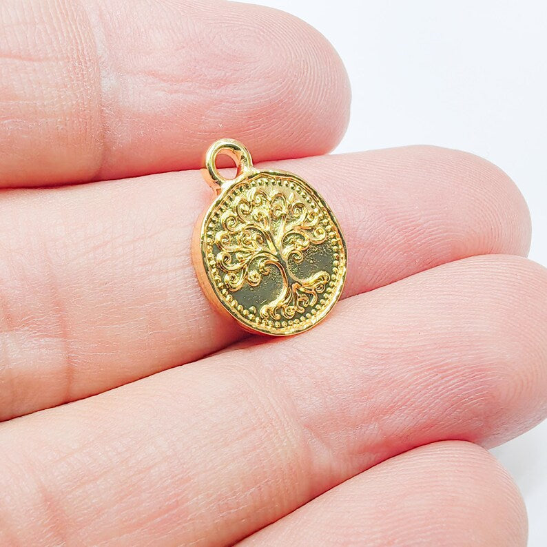 Tree of Life Pendant Charm, 16x13mm Double Sided 24k Shiny Gold Plated Zamac, Nickel Free Lead Free, Jewelry Making Supplies, G37501