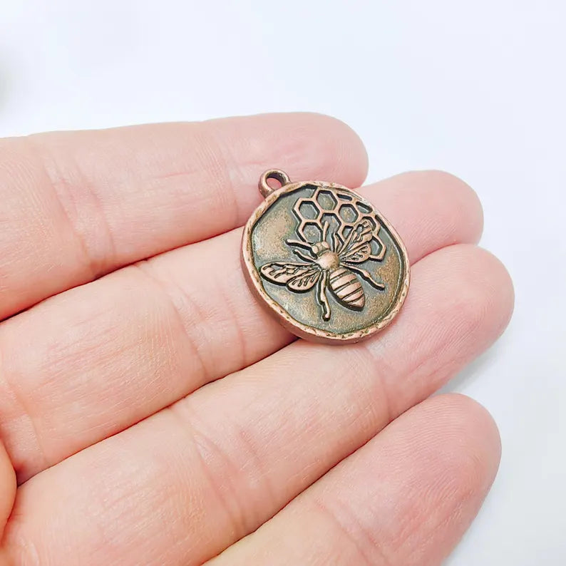 Bee and Honeycomb Pendant Charm, Nature Jewelry Making Supplies, 28x24mm Antique Copper Plated Zamac G37502