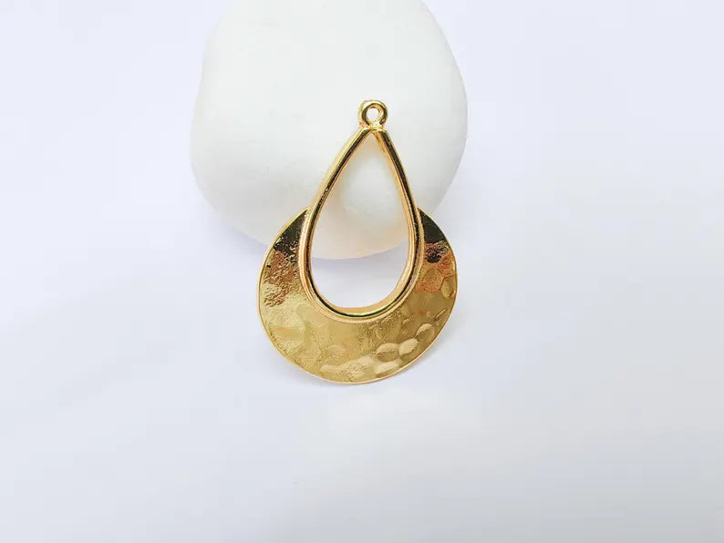 Hammered Teardrop Pendant, Large Crescent Shape Jewelry Charm, 24k Shiny Gold Plated Zamac, G37508