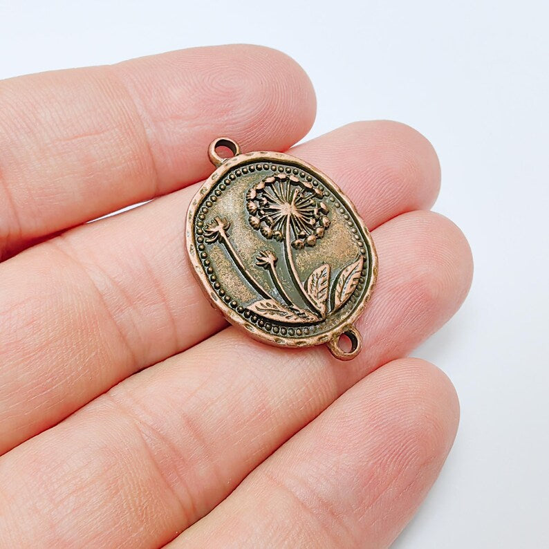 Dandelion Charms Connector Double Hole, Flower Pendant, Boho Charms, Earring Charms, Necklace Parts, Antique Copper Plated 33x24mm G37511
