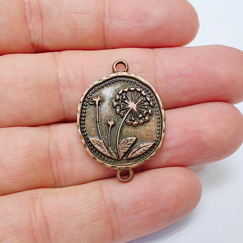 Dandelion Charms Connector Double Hole, Flower Pendant, Boho Charms, Earring Charms, Necklace Parts, Antique Copper Plated 33x24mm G37511